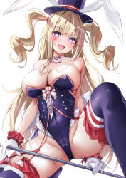 Rule 34 | 1girl, absurdres, animal ears, azur lane, blonde hair, blue eyes, blue leotard, blush, breasts, classic (zildjian33), cleavage, fang, garter straps, gloves, groin, guam (azur lane), guam (stage-setting charmer) (azur lane), hat, highres, large breasts, leotard, long hair, looking at viewer, official alternate costume, open mouth, playboy bunny, rabbit ears, skin fang, solo, spread legs, star-shaped pupils, star (symbol), symbol-shaped pupils, thighhighs, thighs, very long hair, white gloves