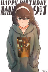 Rule 34 | 1girl, artist name, black eyes, black hair, casual, character name, closed mouth, commentary, dated, english text, girls und panzer, grey hoodie, hairband, hands in pockets, happy birthday, highres, hood, hood down, hoodie, kaisoku hirosuko, light smile, long hair, looking at viewer, print hoodie, reizei mako, signature, simple background, solo, upper body, white background, white hairband