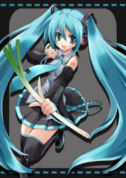 Rule 34 | 1girl, black thighhighs, blue eyes, blue hair, circle skirt, detached sleeves, hatsune miku, long hair, matching hair/eyes, necktie, open mouth, smile, solo, spring onion, standing, standing on one leg, thighhighs, twintails, very long hair, vocaloid, yukiwo, zettai ryouiki