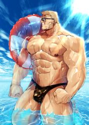 Rule 34 | 1boy, abs, absurdres, artist name, bara, black male swimwear, blonde hair, blue sky, bulge, clenched hands, cloud, day, highres, innertube, large pectorals, long sideburns, male focus, male swimwear, muscular, muscular male, navel, nipples, original, outdoors, oyatu55k, partially submerged, pectorals, scar, scar on face, short hair, sideburns, sky, solo, sunglasses, swim ring, swim trunks, water, wet