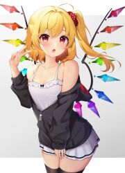 Rule 34 | 1girl, :o, alternate costume, bare shoulders, black hoodie, black thighhighs, blonde hair, breasts, camisole, casual, cleavage, commentary request, cowboy shot, crystal, flandre scarlet, hand up, highres, hood, hood down, hoodie, long hair, long sleeves, looking at viewer, off shoulder, open mouth, partially unzipped, red eyes, ruhika, side ponytail, skirt, small breasts, solo, thighhighs, touhou, v, white camisole, white skirt, wings