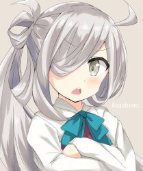 Rule 34 | 10s, 1girl, ahoge, asashimo (kancolle), bow, bowtie, character name, crossed arms, hair over one eye, kantai collection, long hair, long sleeves, looking to the side, open mouth, ponytail, runruun, shirt, silver hair, simple background, solo, upper body, white shirt