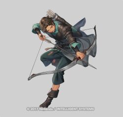 Rule 34 | aiming, armor, arrow (projectile), boots, bow (weapon), brown footwear, brown hair, copyright name, cyril (fire emblem), dark-skinned male, dark skin, fire emblem, fire emblem: three houses, fire emblem heroes, green shirt, holding, holding arrow, holding bow (weapon), holding weapon, leather, leather boots, long sleeves, male focus, nintendo, official art, open mouth, p-nekor, red eyes, shirt, shoulder armor, solo, weapon