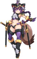 Rule 34 | 1girl, animal ears, armpits, black footwear, boots, braid, closed mouth, commentary request, crop top, fake animal ears, gloves, groin, hair between eyes, highres, holding, holding sword, holding weapon, karukan (monjya), katana, knee boots, long hair, looking at viewer, matsuhime mujina, navel, outstretched arm, purple gloves, purple thighhighs, revision, sheath, sheathed, shinrabanshou, single braid, sleeveless, solo, sword, tail, thighhighs, thighhighs under boots, v-shaped eyebrows, very long hair, weapon