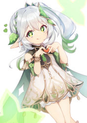 1girl :q absurdres bare_shoulders bloomers bracelet cape commentary cowboy_shot detached_sleeves dress gem genshin_impact gold_trim gradient_hair green_cape green_eyes green_gemstone green_hair green_sleeves hair_between_eyes hair_ornament hands_up heart heart_hands highres iroha_(mimi0618xx) jewelry leaf_hair_ornament light_blush long_hair looking_at_viewer multicolored_hair nahida_(genshin_impact) pointy_ears sleeveless sleeveless_dress solo star-shaped_pupils star_(symbol) symbol-shaped_pupils tongue tongue_out underwear white_background white_bloomers white_dress white_hair