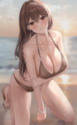 Rule 34 | 1girl, :3, bare shoulders, barefoot, beach, bikini, blurry, blurry background, blush, breasts, brown eyes, brown hair, cleavage, closed mouth, collarbone, hair between eyes, halterneck, highres, jewelry, kneeling, large breasts, long hair, looking at viewer, navel, necklace, o-ring, o-ring bikini, ocean, original, outdoors, po ppe, sandals, smile, solo, string bikini, sunset, swimsuit, thighs, wet