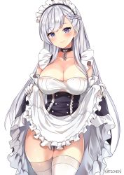 Rule 34 | 1girl, apron, apron lift, artist name, azur lane, belfast (azur lane), blue eyes, blush, braid, breasts, chain, cleavage, closed mouth, clothes lift, collar, collarbone, corset, cowboy shot, curtsey, dress, dress lift, french braid, frilled apron, frills, gloves, head tilt, kaetzchen, large breasts, long hair, looking at viewer, maid headdress, signature, silver hair, simple background, skirt, skirt lift, smile, solo, standing, swept bangs, thighhighs, thighs, tsurime, white background, white gloves, white thighhighs