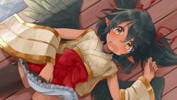 Rule 34 | 1girl, artist request, black hair, black thighhighs, black wings, blush, bow, brown eyes, detached sleeves, feathered wings, game cg, hair between eyes, looking at viewer, monster musume no iru nichijou, monster musume no iru nichijou online, official art, on floor, open mouth, pointy ears, red bow, red skirt, shizuka (monster musume), short hair, short twintails, side-tie thighhighs, skirt, solo, thighhighs, twintails, wavy mouth, wide sleeves, wings, zettai ryouiki