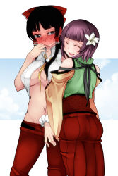 Rule 34 | 2girls, adapted costume, alternate costume, aoshima, arm hug, ass, bare shoulders, black hair, blouse, blush, bow, breasts, commentary request, detached sleeves, ear blush, closed eyes, flower, grey eyes, groin, hair bow, hair flower, hair ornament, hair tubes, hakurei reimu, hieda no akyuu, highres, japanese clothes, kimono, large breasts, long sleeves, midriff, multiple girls, navel, no bra, no panties, obi, open clothes, open mouth, open shirt, pants, purple hair, sash, shirt, sleeveless, sleeveless kimono, sleeveless shirt, smile, touhou, wide sleeves, yuri
