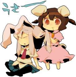 Rule 34 | 2girls, animal ears, azuma seiji, bad id, bad pixiv id, brown eyes, brown hair, carrot, chibi, female focus, inaba tewi, long hair, lowres, mouth hold, multiple girls, necktie, rabbit ears, red necktie, reisen udongein inaba, short hair, skirt, thighhighs, touhou