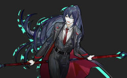 Rule 34 | 1boy, aqua eyes, black background, black coat, black eyes, black pants, black vest, blue hair, coat, collared shirt, guan dao, heterochromia, high ponytail, highres, holding, holding weapon, hong lu (project moon), limbus company, long hair, long sleeves, necktie, nishikujic, pants, polearm, project moon, red necktie, shirt, sidelocks, simple background, solo, very long hair, vest, weapon, white shirt, wing collar