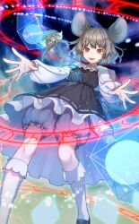 Rule 34 | 1girl, animal ears, ascot, basket, black dress, black footwear, blue capelet, capelet, collared capelet, crystal, danmaku, dress, frilled dress, frilled socks, frills, grey hair, kneehighs, long sleeves, mouse (animal), mouse ears, mouse tail, nazrin, official art, open mouth, pantyhose, puffy long sleeves, puffy sleeves, red eyes, ribbon, ribbon-trimmed dress, shirt, short dress, short hair, smile, socks, spell card, tail, third-party source, touhou, touhou cannonball, v-shaped eyebrows, wavy hair, white ascot, white pantyhose, white ribbon, white shirt, white socks, yayori