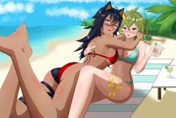 Rule 34 | 2girls, absurdres, animal ears, ass, bare shoulders, barefoot, bikini, black hair, blue eyes, blush, breasts, cat ears, collei (genshin impact), dark skin, dehya (genshin impact), from behind, genshin impact, green hair, highres, hug, long hair, looking at viewer, looking back, medium breasts, multiple girls, naughty face, noonezafewithme, open mouth, purple eyes, shiny clothes, shiny skin, short hair, sideboob, smile, swimsuit