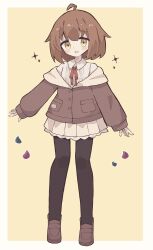 Rule 34 | 1girl, :d, ahoge, black pantyhose, blush, brown background, brown eyes, brown footwear, brown hair, brown jacket, collared shirt, dress shirt, full body, hair between eyes, highres, jacket, loafers, long sleeves, looking at viewer, neck ribbon, off shoulder, open clothes, open jacket, open mouth, original, pantyhose, petals, pleated skirt, puffy long sleeves, puffy sleeves, red ribbon, ribbon, robi (robi 0631), shirt, shoes, skirt, sleeves past wrists, smile, solo, standing, two-tone background, white background, white shirt, white skirt