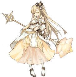 Rule 34 | 1girl, ark order, baldr (ark order), bare shoulders, belt, black bow, blonde hair, bow, brown footwear, capelet, closed mouth, clothing cutout, dress, full body, gloves, gold trim, hair bow, holding, holding staff, kneehighs, kzhu, lace-trimmed capelet, lace trim, long hair, looking at viewer, official art, one side up, shoulder cutout, sidelocks, smile, socks, solo, staff, strappy heels, striped bow, tachi-e, transparent background, very long hair, white capelet, white dress, white gloves, white socks, yellow dress, yellow eyes