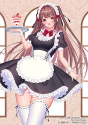 Rule 34 | 1girl, :d, apron, black dress, black ribbon, blush, brown hair, commentary request, copyright request, day, dress, food, frilled apron, frills, fruit, hair ribbon, hand up, holding, holding tray, indoors, juliet sleeves, long hair, long sleeves, looking at viewer, maid, maid headdress, official art, open mouth, parfait, puffy sleeves, red eyes, ribbon, ribbon-trimmed legwear, ribbon trim, sakura shiho, smile, solo, strawberry, sunlight, thighhighs, tray, two side up, very long hair, virtual youtuber, wafer stick, white apron, white thighhighs, window, wrist cuffs