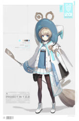 Rule 34 | 1girl, ahoge, animal ears, ankle boots, armor, barcode, belt pouch, blonde hair, blue eyes, boots, border, broom, brown pantyhose, character name, character profile, clothes writing, color guide, criss-cross halter, cross-laced footwear, detached wings, english text, fake animal ears, fake wings, full body, gloves, grey background, halterneck, hat, hat with ears, height, highres, holding, holding broom, hologram, jacket, lace-up boots, long sleeves, looking at viewer, miniskirt, mouse ears, open clothes, open jacket, original, pantyhose, pleated skirt, pouch, rondo (soyoong jun), see-through, shadow, short hair, skirt, sleeves past fingers, sleeves past wrists, solo, soyoong jun, standing, turtleneck, undershirt, white footwear, white gloves, white hat, white jacket, white skirt, wings, witch hat