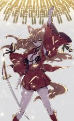 Rule 34 | 1girl, animal ear fluff, animal ears, arms up, bad id, bad pixiv id, breasts, brown hair, fate/extra, fate/extra ccc, fate/extra ccc fox tail, fate/grand order, fate (series), fox ears, fox girl, fox tail, highres, japanese clothes, katana, kimono, kodamari, large breasts, long hair, long sleeves, looking at viewer, medium breasts, open clothes, open kimono, red kimono, red skirt, skirt, smile, solo, standing, suzuka gozen (fate), sword, tail, thighs, weapon, wide sleeves, yellow eyes