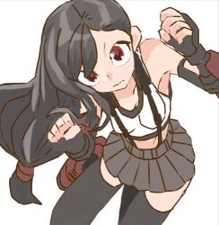 Rule 34 | 1girl, 3:, black gloves, black hair, black sports bra, black thighhighs, breasts, cleavage, closed mouth, elbow gloves, final fantasy, final fantasy vii, final fantasy vii remake, fingerless gloves, gloves, grey skirt, long hair, looking at viewer, low-tied long hair, lowres, medium breasts, miniskirt, pleated skirt, red eyes, sicky (pit-bull), simple background, skirt, solo, sports bra, suspender skirt, suspenders, tank top, thighhighs, tifa lockhart, white background, white tank top, zettai ryouiki