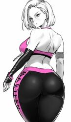 Rule 34 | 1girl, android 18, ass, back, dragon ball, dragonball z, expressionless, highres, looking at viewer, looking back, medium hair, miss faves, skin tight, solo, spot color