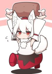 Rule 34 | 1girl, absurdres, animal ear fluff, animal ears, arms up, black skirt, blush, boned meat, breasts, chibi, detached sleeves, flying sweatdrops, food, full body, hair between eyes, hat, highres, holding, holding food, inubashiri momiji, jitome, meat, medium hair, open mouth, orange eyes, pom pom (clothes), red eyes, red footwear, red skirt, running, saisoku no yukkuri, shadow, shirt, skirt, small breasts, tail, tokin hat, touhou, turtleneck, v-shaped eyebrows, white background, white hair, white shirt, wolf ears, wolf tail