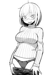 Rule 34 | 1girl, blush, breasts, denim, glasses, greyscale, heart, heart-shaped pupils, jeans, ken (koala), looking at viewer, medium breasts, monochrome, open mouth, original, panties, pants, short hair, simple background, smile, solo, sweater, symbol-shaped pupils, turtleneck, turtleneck sweater, underwear, undressing, white background