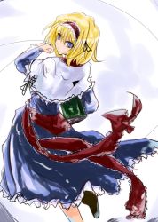 Rule 34 | 1girl, alice margatroid, blonde hair, blue eyes, book, capelet, fastbond, from behind, looking back, short hair, solo, touhou