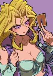 Rule 34 | 1girl, absurdres, blonde hair, breasts, card, cleavage, collarbone, corset, crop top, detached sleeves, duel disk, earrings, hair between eyes, highres, holding, holding card, jacket, jewelry, kujaku mai, large breasts, long hair, midriff, open clothes, open jacket, open mouth, purple background, purple eyes, purple jacket, sleeveless, sleeveless jacket, solo, white corset, youko-shima, yu-gi-oh!, yu-gi-oh! duel monsters