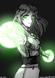 Rule 34 | 1girl, animification, autumn-north, dc comics, energy ball, glowing, green eyes, long hair, monochrome, solo, spot color, starfire, teen titans
