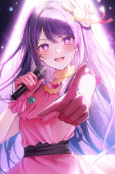 Rule 34 | 1girl, 723/nanahumi, :d, bare shoulders, commentary request, dress, gloves, hair ornament, heart, highres, holding, holding microphone, hoshino ai (oshi no ko), long hair, looking at viewer, microphone, open mouth, oshi no ko, outstretched arm, pink dress, pink gloves, pointing, pointing at viewer, purple eyes, purple hair, rabbit hair ornament, sleeveless, sleeveless dress, smile, solo, very long hair