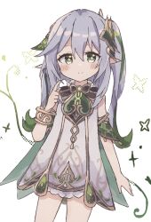 Rule 34 | + +, 1girl, arm at side, bloomers, blush stickers, closed mouth, colon br, cowboy shot, detached sleeves, dress, genshin impact, green eyes, green hair, green sleeves, grey hair, hair between eyes, hand up, highres, index finger raised, legs apart, long hair, looking at viewer, multicolored hair, nahida (genshin impact), pointy ears, raised eyebrows, short dress, short sleeves, side ponytail, sidelocks, simple background, sleeveless, sleeveless dress, smile, solo, straight-on, streaked hair, thighs, underwear, white background, white bloomers, white dress