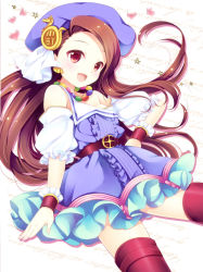 Rule 34 | 10s, 1girl, :d, bare shoulders, brown hair, detached sleeves, dress, hat, heart, idolmaster, idolmaster (classic), idolmaster 2, long hair, minase iori, natsume eri, open mouth, palace of dragon (idolmaster), red eyes, red thighhighs, smile, solo, star (symbol), thighhighs, wrist cuffs