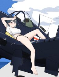 Rule 34 | 1girl, aircraft, airplane, arm up, artist name, atamonica, bare legs, black hair, black panties, blue eyes, blunt bangs, breasts, canopy (aircraft), closed mouth, cloud, expressionless, f4u corsair, hair ornament, hairclip, hand on forehead, hand on own forehead, highleg, highleg panties, large breasts, looking at viewer, lying, military vehicle, on pillow, on vehicle, original, panties, personification, shirt, short hair, solo, underwear, united states navy, vehicle and personification, white shirt