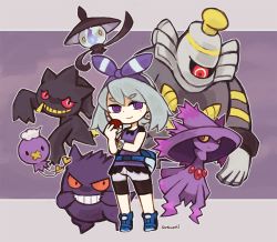 Rule 34 | 10s, 1girl, @ @, alternate color, banette, belt, belt pouch, blue fire, blue footwear, bow, clenched teeth, crazy eyes, creatures (company), dress, drifloon, dusknoir, evil smile, fire, floating, game freak, gen 1 pokemon, gen 3 pokemon, gen 4 pokemon, gen 5 pokemon, gengar, gradient background, grey hair, hair bow, hair ornament, holding, holding poke ball, lampent, looking at viewer, may (pokemon), may (pokemon oras), mismagius, nintendo, one-eyed, pocket, poke ball, pokemon, pokemon (creature), pokemon oras, pouch, purple background, purple dress, purple eyes, purple theme, red eyes, satsumai, shoes, short hair, short sleeves, smile, sneakers, spikes, standing, striped, striped bow, teeth, vest