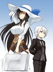 Rule 34 | 1boy, 1girl, age difference, arms behind back, black hair, bow, breasts, butler, corset, dress, formal, hair over one eye, hat, hat bow, koike (shiro maru), large breasts, long hair, looking at viewer, necktie, original, red eyes, shiro maru, smile, suit, suitcase, sun hat, very long hair, white dress, white hair, white hat, yellow eyes