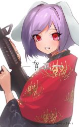Rule 34 | 1girl, animal ears, assault rifle, blush, gun, highres, japanese clothes, kimono, looking at viewer, msmusui, new year, purple hair, rabbit ears, reisen, rifle, short hair, simple background, smile, solo, touhou, twitter username, upper body, weapon, white background