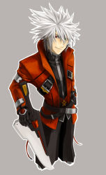 Rule 34 | 1boy, arc system works, belt, black gloves, black pants, blazblue, collair (cono), foreshortening, gloves, green eyes, grin, hakama, hakama pants, heterochromia, huge weapon, jacket, japanese clothes, multiple belts, pants, ragna the bloodedge, red eyes, red jacket, short hair, silver hair, smile, spiked hair, sword, weapon
