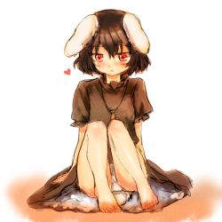 Rule 34 | 1girl, alternate color, animal ears, bad id, bad pixiv id, bare legs, barefoot, black hair, carrot, carrot necklace, feet, female focus, full body, furorida, heart, inaba tewi, jewelry, necklace, panties, pantyshot, pendant, player 2, rabbit ears, short hair, simple background, sitting, solo, touhou, underwear, white background, white panties