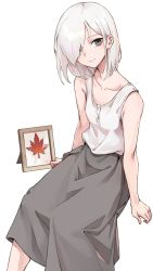 Rule 34 | 1girl, bare arms, bare shoulders, closed mouth, collarbone, commentary request, grey eyes, grey hair, grey skirt, hair over one eye, highres, leaf, long hair, looking at viewer, maple leaf, one eye covered, oopartz yang, original, portrait (object), shirt, short hair, simple background, skirt, sleeveless, sleeveless shirt, smile, solo, white background, white shirt