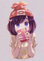 Rule 34 | 1girl, beanie, black hair, blush, bow, box, bracelet, covering own mouth, creatures (company), embarrassed, floral print, game freak, gift, gift box, hair bow, hands up, hat, highres, jewelry, locket, looking at viewer, myuuu ay, nintendo, pendant, pokemon, pokemon sm, purple eyes, selene (pokemon), shirt, short sleeves, simple background, solo, tied shirt