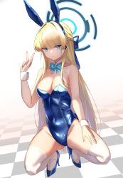 Rule 34 | 1girl, absurdres, animal ears, aqua bow, aqua bowtie, blonde hair, blue archive, blue leotard, bow, bowtie, breasts, checkered floor, cleavage, earpiece, fake animal ears, full body, halo, highleg, highleg leotard, highres, leotard, long hair, medium breasts, playboy bunny, puranetto (vjun4748), rabbit ears, simple background, solo, squatting, strapless, strapless leotard, thighhighs, toki (blue archive), toki (bunny) (blue archive), v, white background, white thighhighs, white wrist cuffs, wrist cuffs