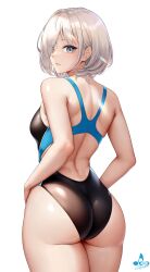 Rule 34 | 1girl, ass, bare arms, bare shoulders, breasts, competition swimsuit, eyes visible through hair, from behind, grey eyes, hair over one eye, highres, infinote, looking at viewer, looking back, medium breasts, one-piece swimsuit, original, parted lips, sashou mihiro, short hair, simple background, smile, swimsuit, thighs, two-tone swimsuit, white background, white hair
