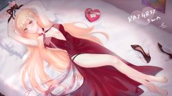 Rule 34 | 1girl, bare legs, barefoot, bdsm, blonde hair, blush, bondage, bound, bound wrists, braid, breasts, closed mouth, crossed legs, dress, earrings, fingernails, gift, girls&#039; frontline, happy valentine, high heels, highres, jewelry, legs, lips, long hair, looking at viewer, lying, medium breasts, nail polish, official alternate costume, on back, ots-14 (girls&#039; frontline), ots-14 (ruler of the banquet) (girls&#039; frontline), red dress, shoes, unworn shoes, simple background, solo, sui (camellia), valentine, yellow eyes