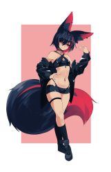 Rule 34 | 1girl, absurdres, animal ears, bike shorts, black footwear, black hair, black jacket, black socks, choker, commentary, criss-cross halter, ear piercing, english commentary, eyes visible through hair, fox ears, fox girl, fox tail, full body, hair between eyes, halterneck, hand on own hip, hand up, head tilt, highres, jacket, large tail, long sleeves, looking at viewer, midriff, multicolored hair, navel, navel piercing, original, panty straps, piercing, pink hair, red eyes, shoes, short hair, simple background, smile, socks, solo, sub-res, tail, thigh strap, two-tone hair