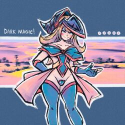 Rule 34 | 1girl, blonde hair, blue eyes, blush, codpiece, dark magician girl, fingerless gloves, gloves, hat, highres, jamountainsoul, skirt, smile, thick thighs, thighs, wizard hat, yu-gi-oh!