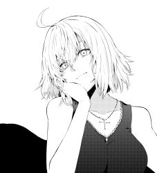 Rule 34 | 1girl, absurdres, ahoge, bare shoulders, casual, cheek rest, cross, cross necklace, fate/grand order, fate (series), greyscale, highres, jeanne d&#039;arc (fate), jeanne d&#039;arc alter (avenger) (fate), jeanne d&#039;arc alter (fate), jewelry, monochrome, necklace, short hair, smile, solo, tsukamoto minori