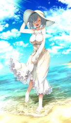 Rule 34 | 10s, 1girl, absurdres, alternate costume, barefoot, beach, breasts, caesar8149, cloud, day, dress, dutch angle, closed eyes, female focus, hamakaze (kancolle), hand on headwear, hat, highres, kantai collection, large breasts, light rays, ocean, open mouth, outdoors, short hair, silver hair, sky, solo, sun hat, sunbeam, sundress, sunlight, wading, water, white dress