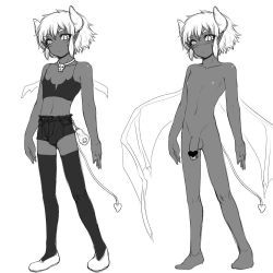 Rule 34 | ago, androgynous, censored, crossdressing, dark skin, demon, demon boy, gender request, horns, jewelry, male focus, monochrome, multiple views, necklace, nude, penis, pointy ears, pouch, shorts, simple background, tail, testicles, thighhighs, wings