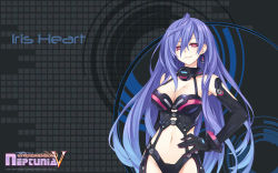 Rule 34 | 10s, 1girl, 2013, black background, black gloves, blush, breasts, character name, cleavage, cleavage cutout, clothing cutout, company name, copyright name, dated, dominatrix, earrings, elbow gloves, english text, gloves, hand on own hip, highres, iris heart, jewelry, kami jigen game neptune v, logo, long hair, medium breasts, midriff, navel, neptune (series), official art, official wallpaper, power symbol, power symbol-shaped pupils, purple hair, pururut, red eyes, smile, solo, symbol-shaped pupils, tsunako, very long hair, wallpaper, watermark