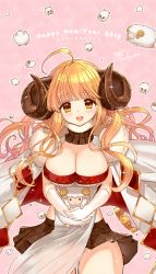 Rule 34 | 10s, 1girl, 2015, :d, ahoge, anila (granblue fantasy), bad id, bad pixiv id, blonde hair, blush, breasts, cape, cleavage, cowboy shot, draph, elbow gloves, gloves, granblue fantasy, happy new year, horns, huge breasts, looking at viewer, midriff, new year, no panties, open mouth, original, pleated skirt, sheep, sheep girl, sheep horns, skirt, smile, solo, sparkle, tsukigami runa, white gloves, wind, wind lift, yellow eyes